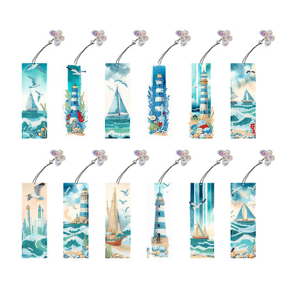 12Pcs Lighthouse Seaside Sailboat DIY Diamond Art Painting Bookmark for Beginner