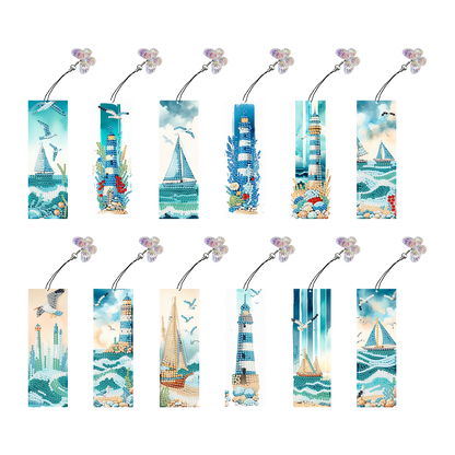 12Pcs Lighthouse Seaside Sailboat DIY Diamond Art Painting Bookmark for Beginner