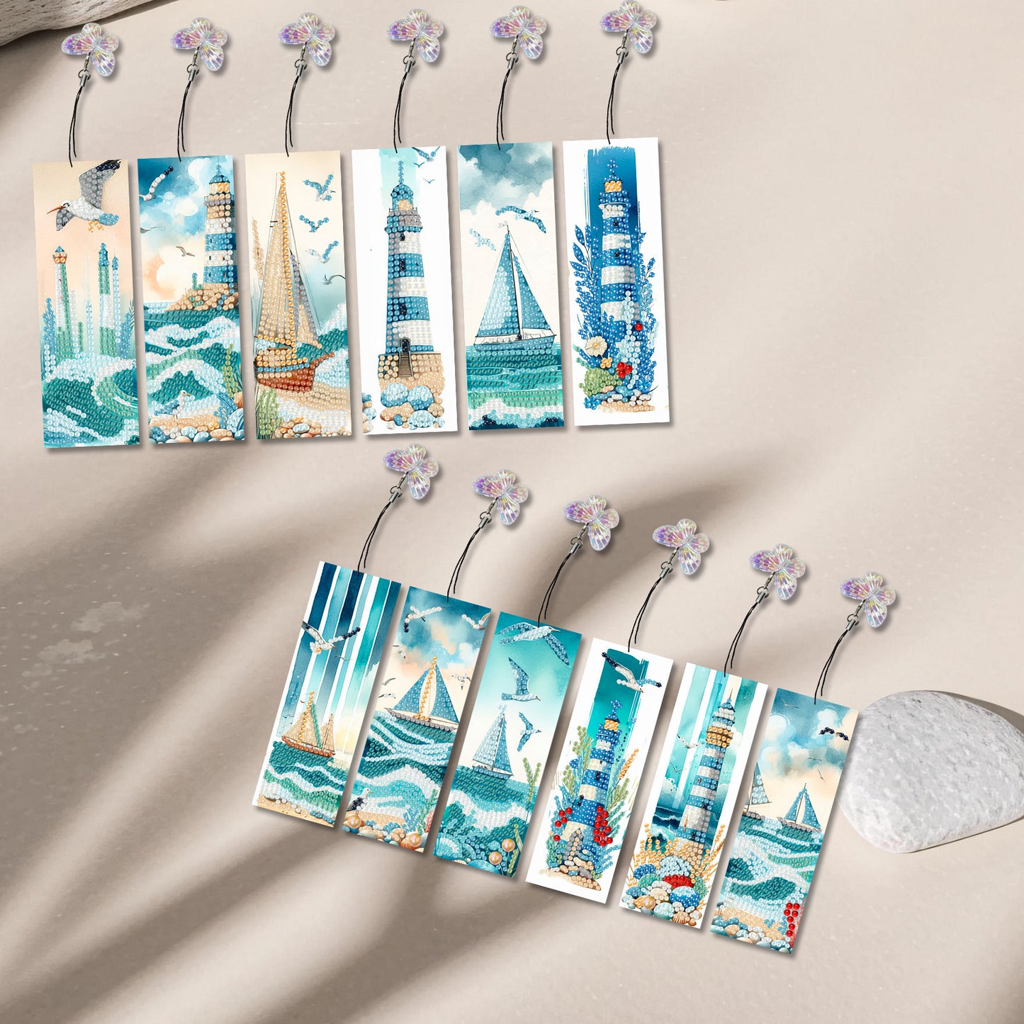 12Pcs Lighthouse Seaside Sailboat DIY Diamond Art Painting Bookmark for Beginner
