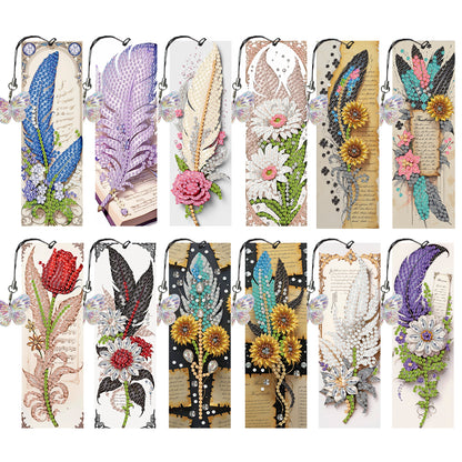 12Pcs Feathers Flowers DIY Diamond Art Painting Bookmark for Reading Enthusiasts