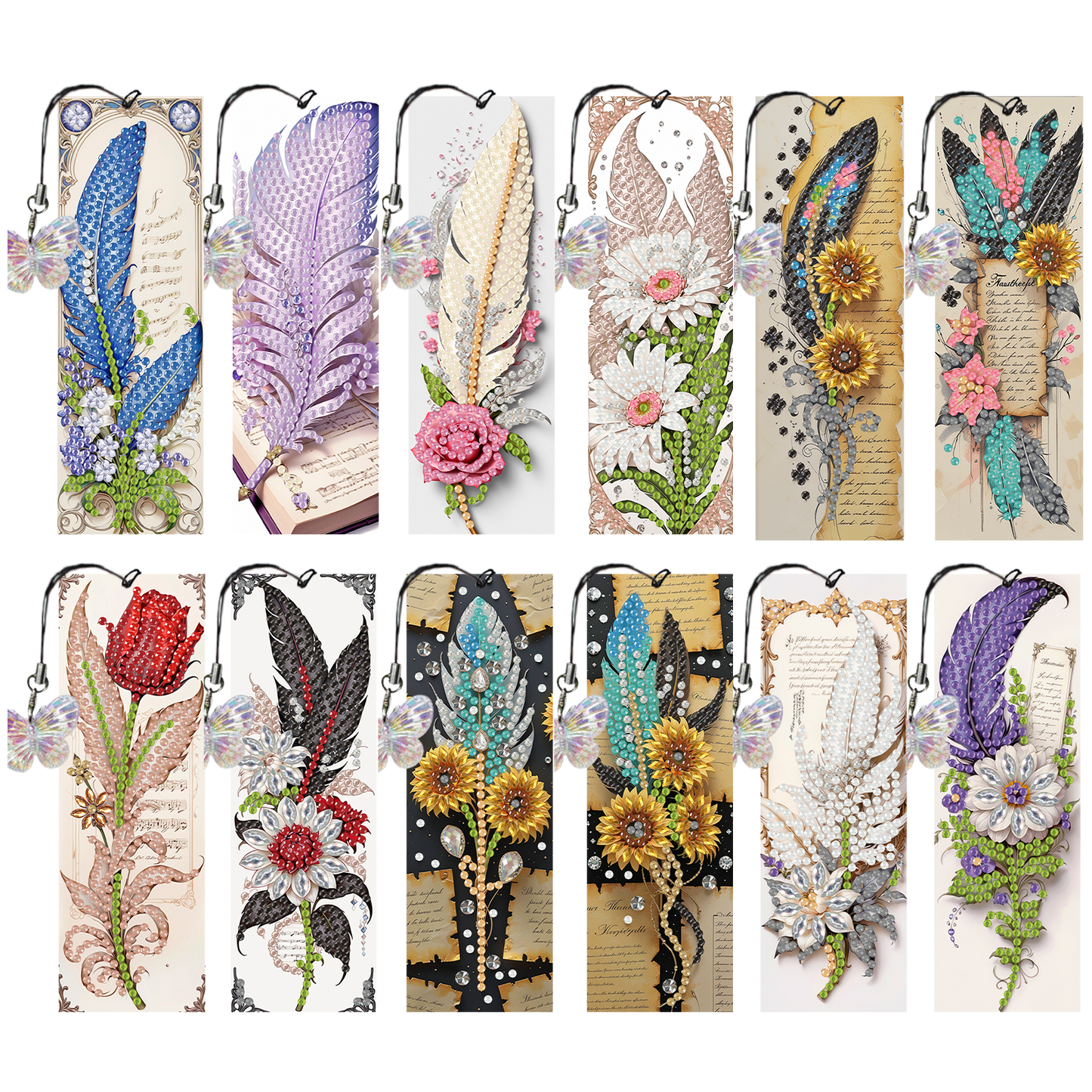 12Pcs Feathers Flowers DIY Diamond Art Painting Bookmark for Reading Enthusiasts