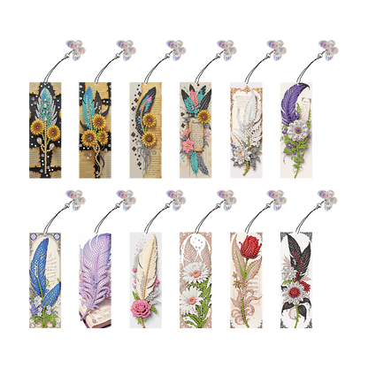 12Pcs Feathers Flowers DIY Diamond Art Painting Bookmark for Reading Enthusiasts