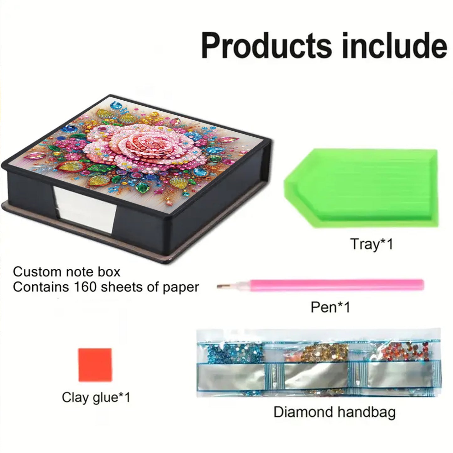 Flower PU DIY 5D Diamond Painting Note Box w/160 Sheet for Home Office School
