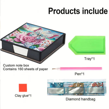 Butterfly and Flower PU DIY 5D Diamond Painting Note Box w/160 Sheets for Office