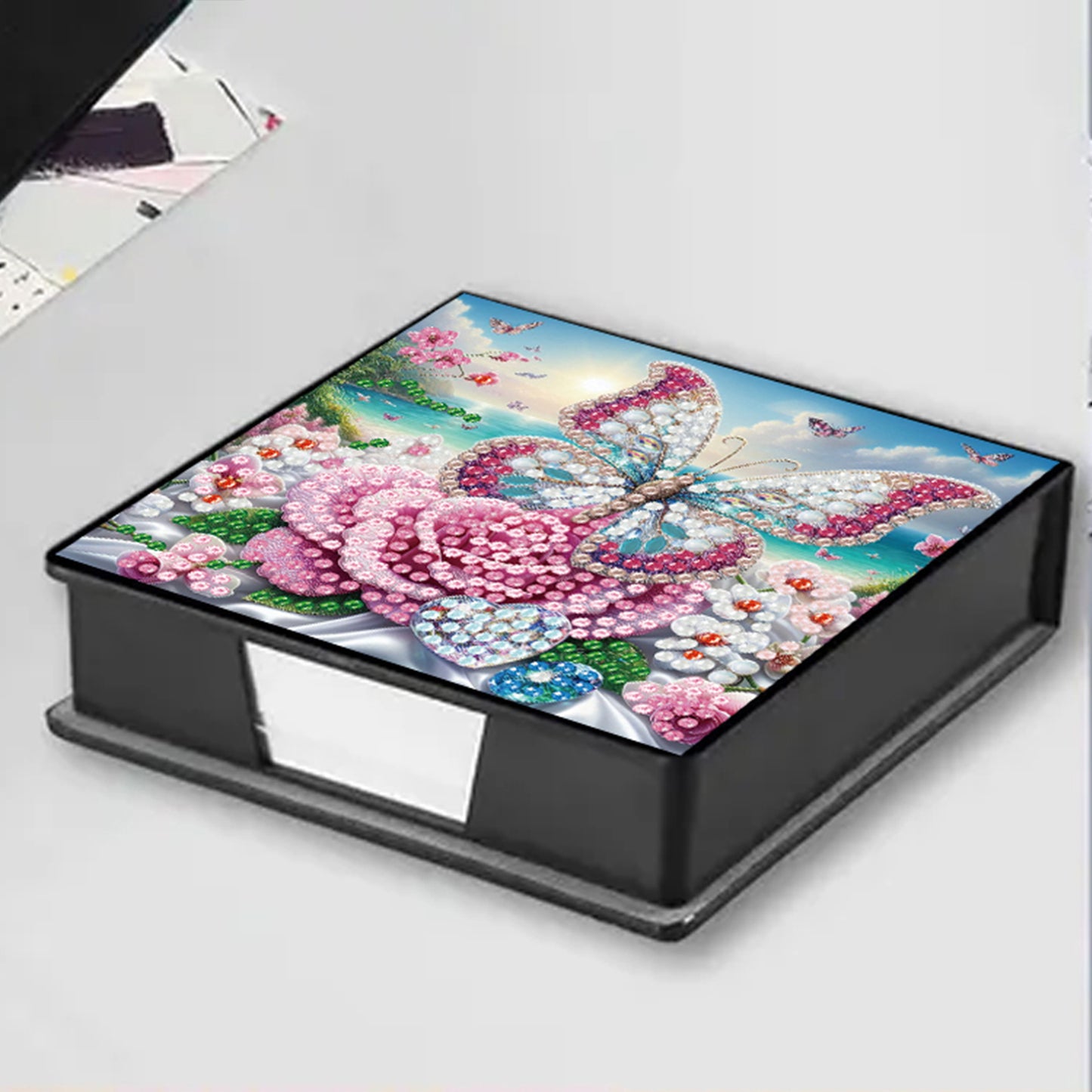 Butterfly and Flower PU DIY 5D Diamond Painting Note Box w/160 Sheets for Office