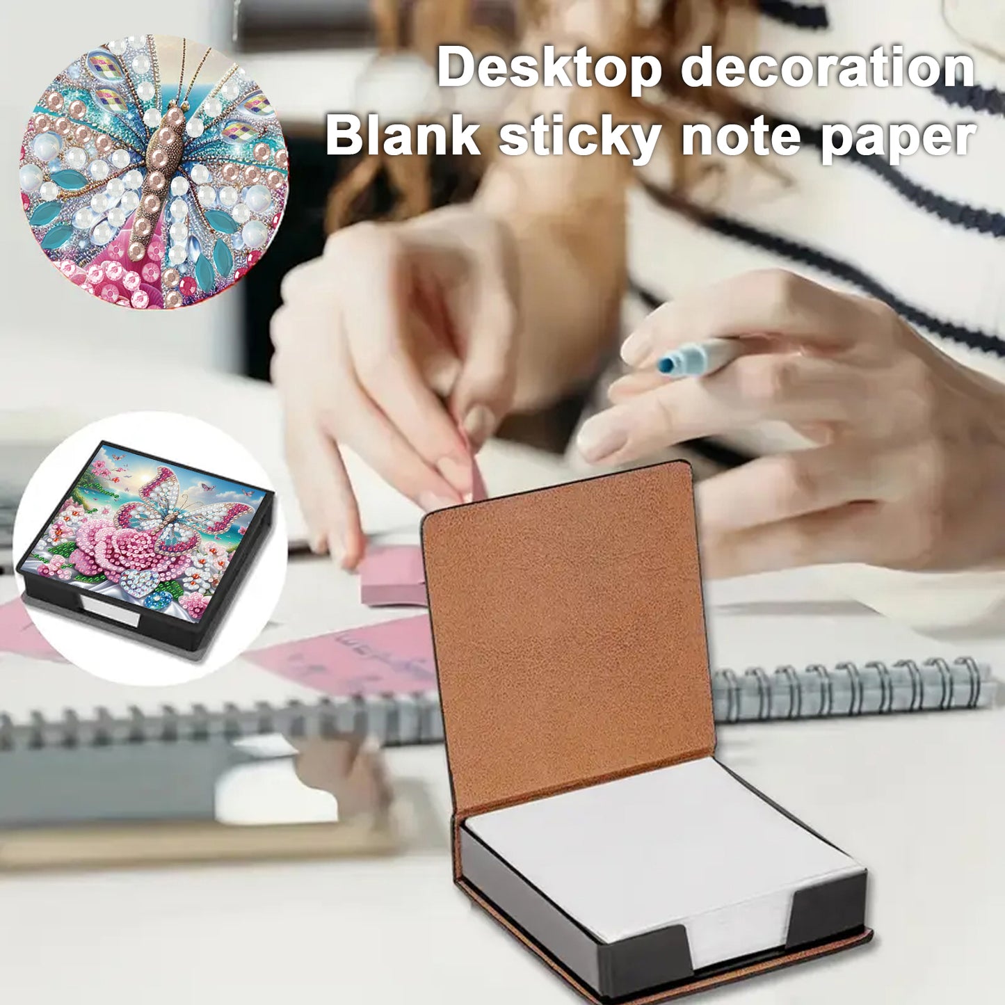 Butterfly and Flower PU DIY 5D Diamond Painting Note Box w/160 Sheets for Office
