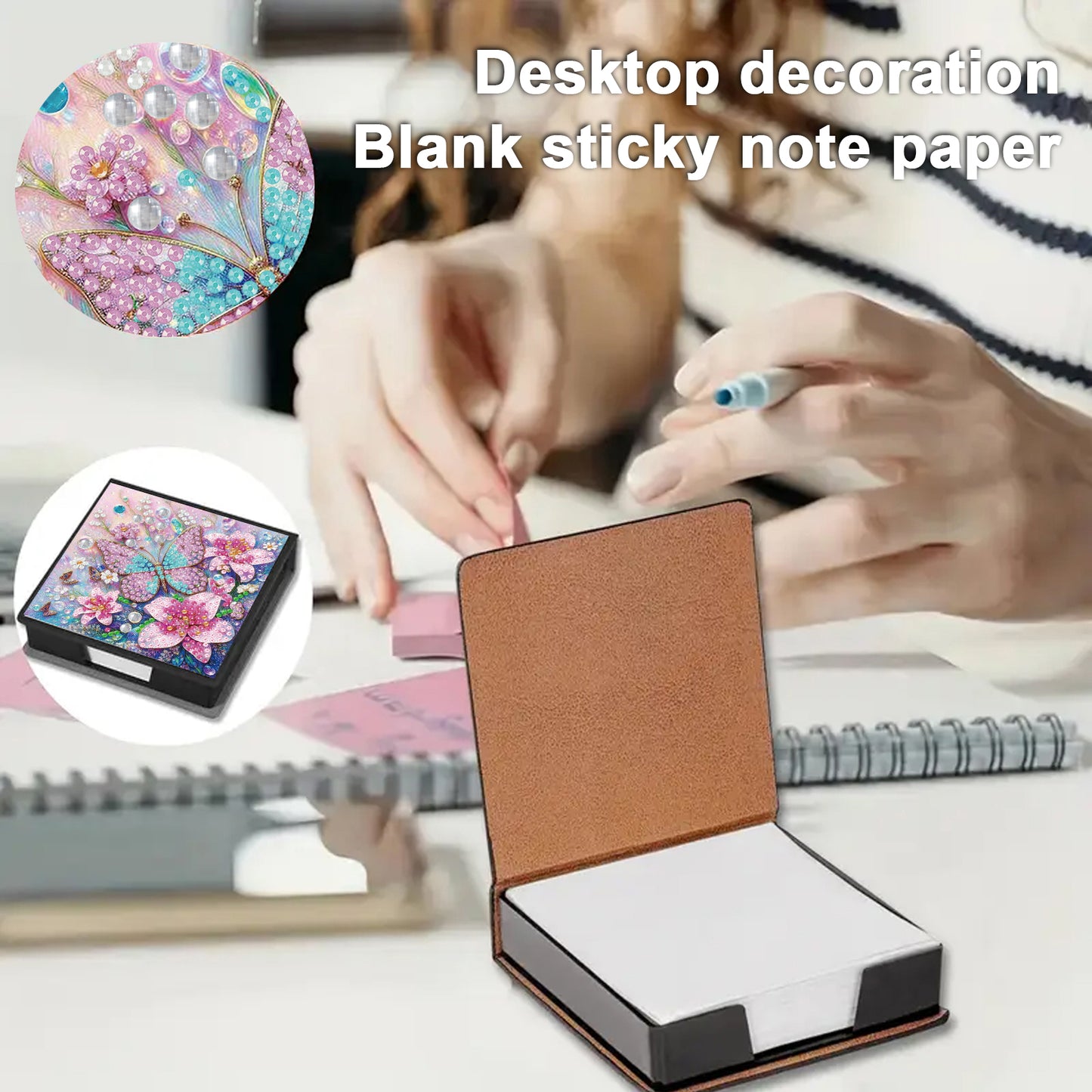 Flower Butterfly PU DIY 5D Diamond Painting Note Box w/160 Sheet for Office Home