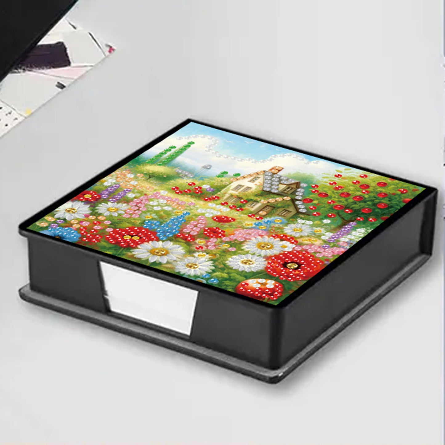 Cottage Garden PU DIY 5D Diamond Painting Note Box w/160 Sheets for Office Home