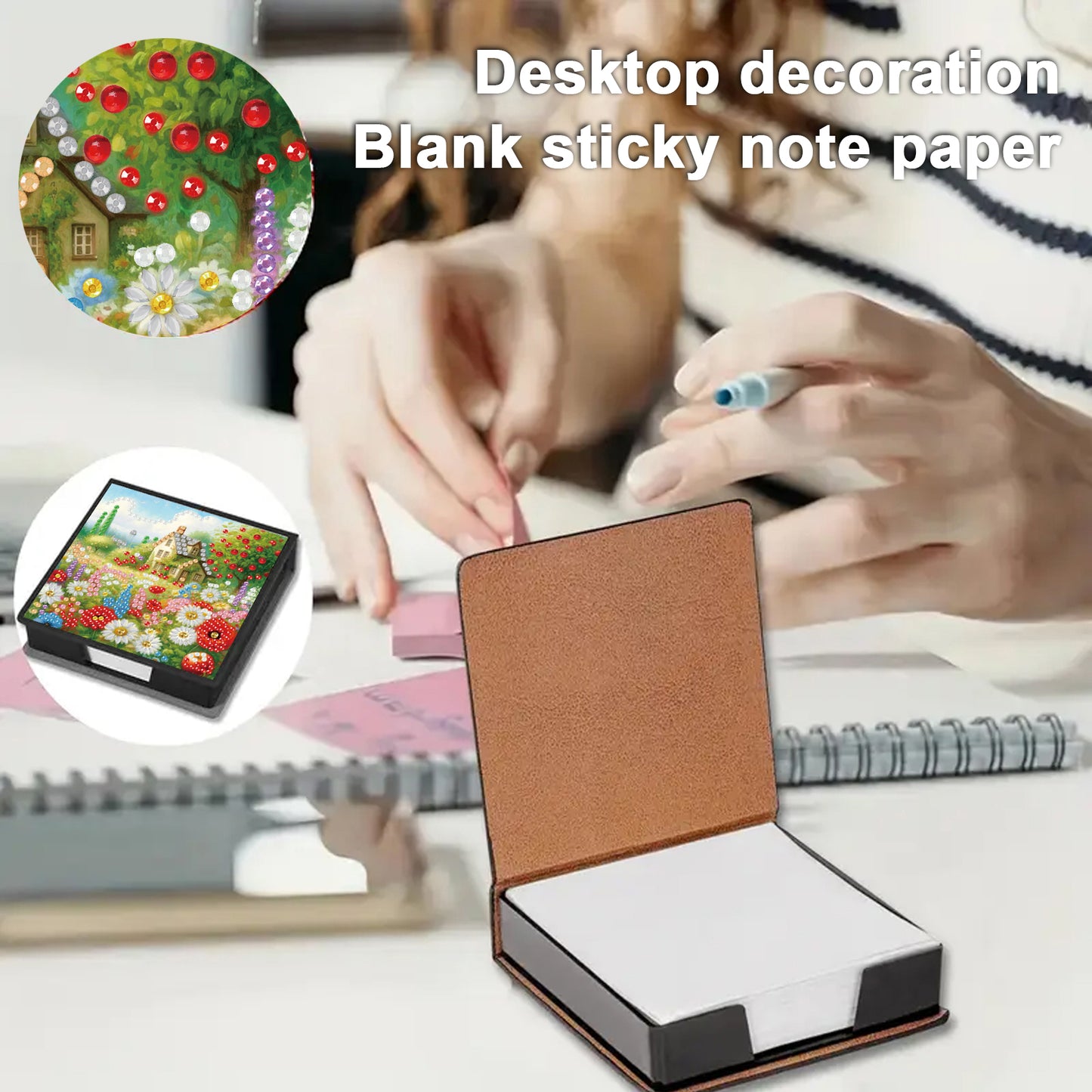 Cottage Garden PU DIY 5D Diamond Painting Note Box w/160 Sheets for Office Home