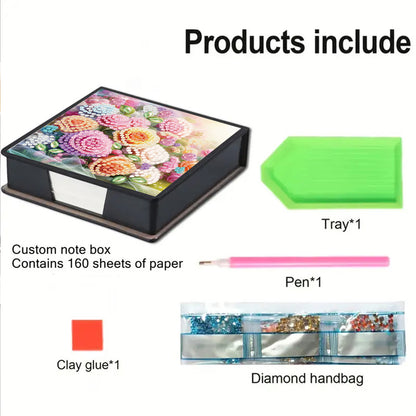 Rose PU DIY 5D Diamond Painting Note Box w/160 Sheets for Office Home School
