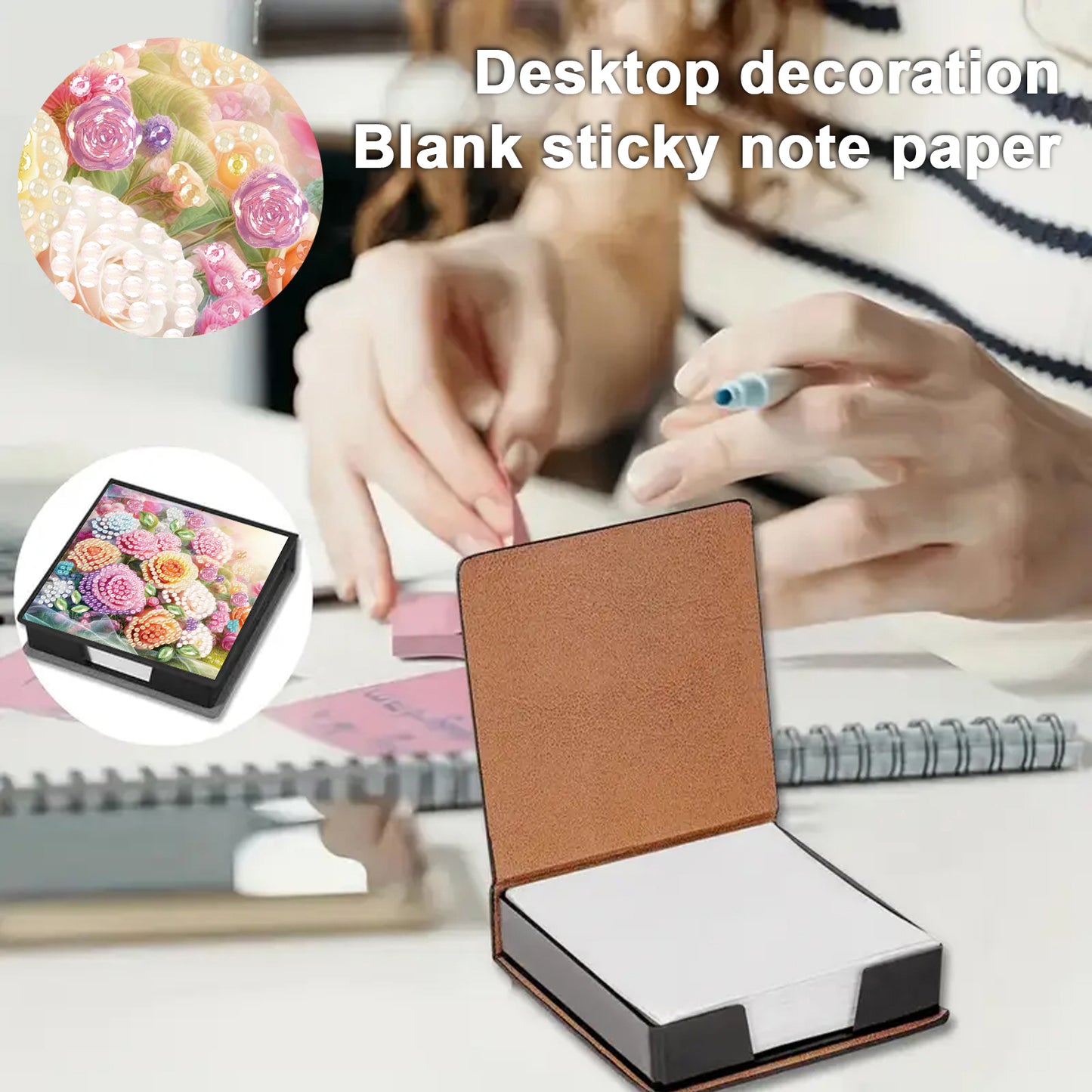 Rose PU DIY 5D Diamond Painting Note Box w/160 Sheets for Office Home School