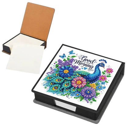 Blue Peacock PU DIY 5D Diamond Painting Note Box w/160 Sheets for Office Home