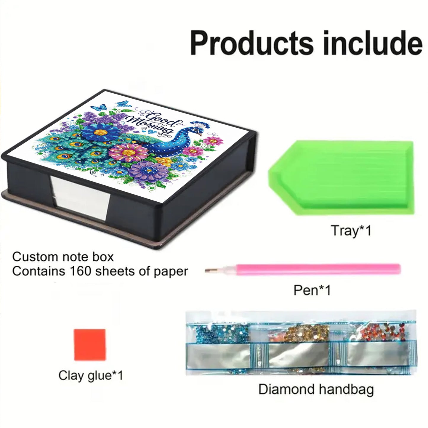 Blue Peacock PU DIY 5D Diamond Painting Note Box w/160 Sheets for Office Home