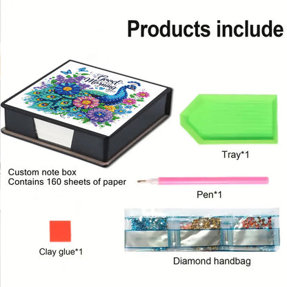 Blue Peacock PU DIY 5D Diamond Painting Note Box w/160 Sheets for Office Home