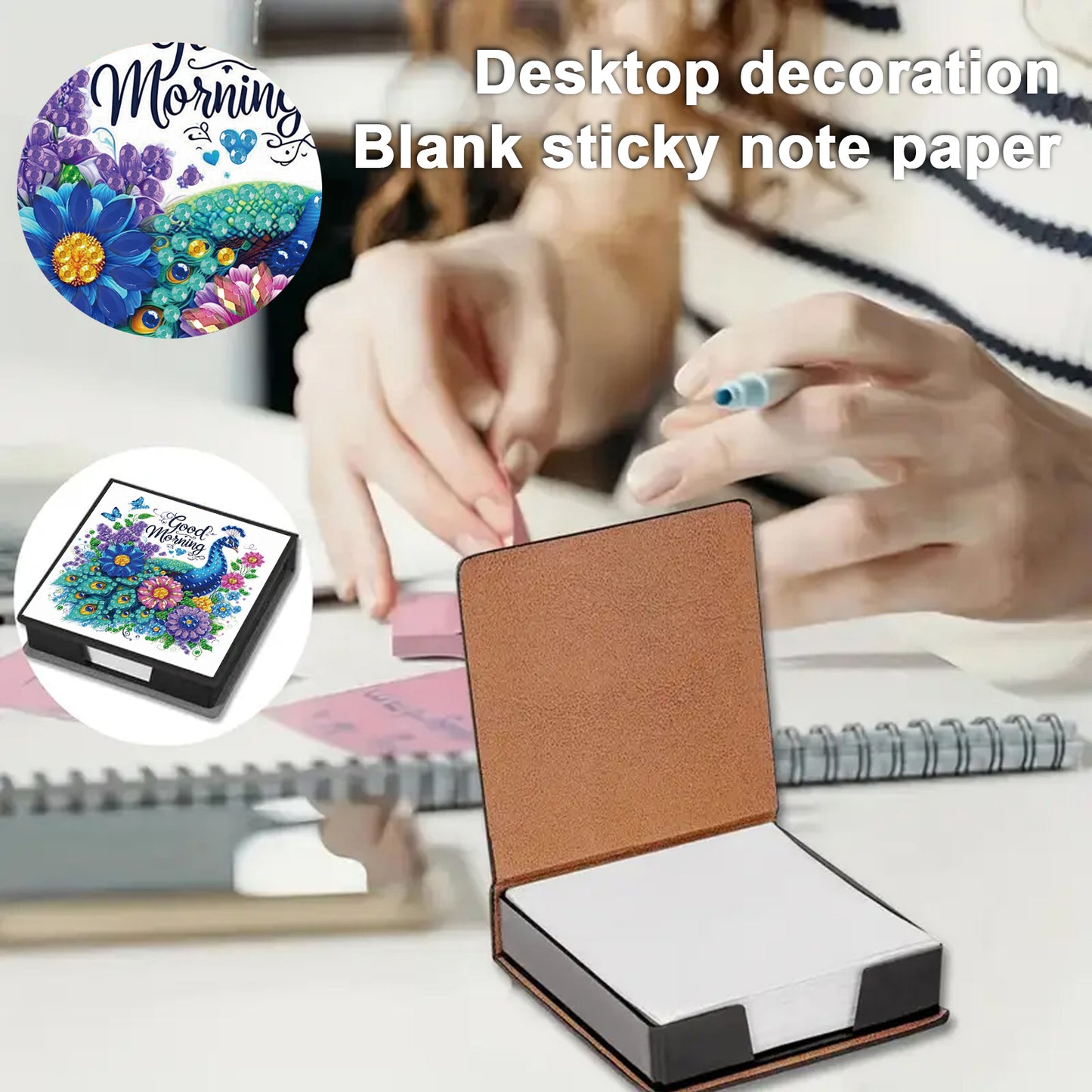 Blue Peacock PU DIY 5D Diamond Painting Note Box w/160 Sheets for Office Home