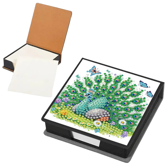Green Peacock PU DIY 5D Diamond Painting Note Box w/160 Sheets for Office Home