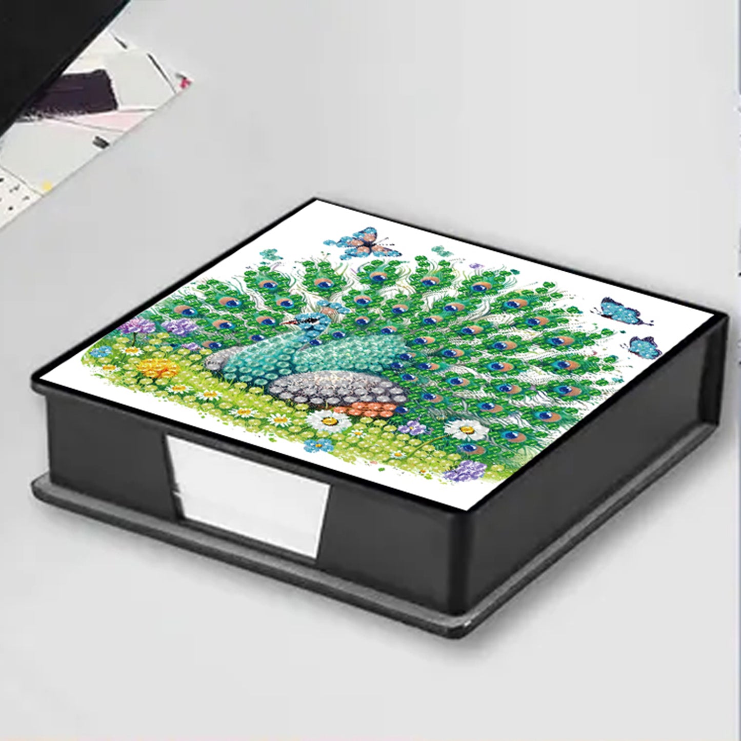 Green Peacock PU DIY 5D Diamond Painting Note Box w/160 Sheets for Office Home