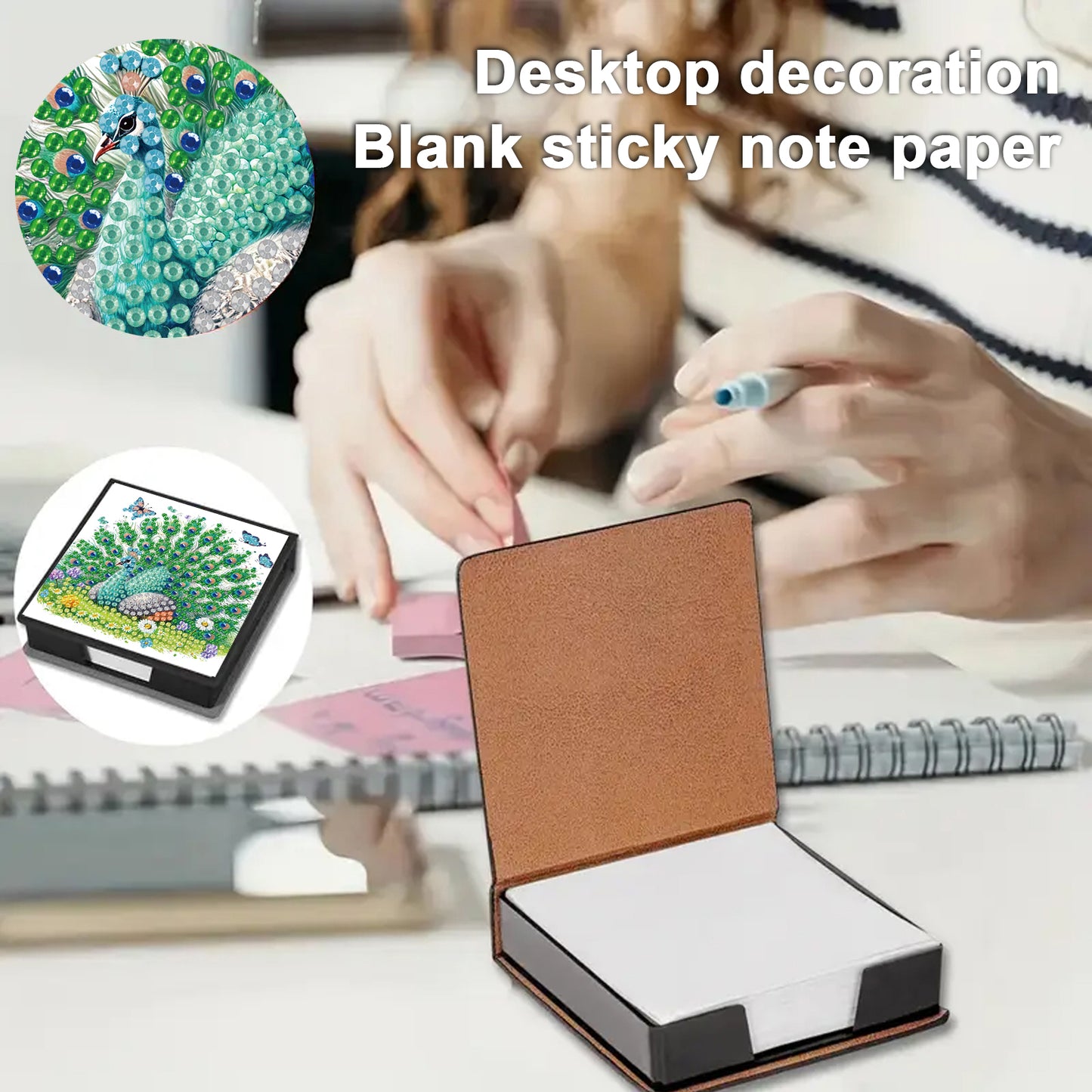 Green Peacock PU DIY 5D Diamond Painting Note Box w/160 Sheets for Office Home