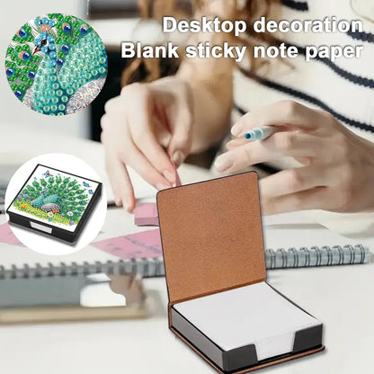 Green Peacock PU DIY 5D Diamond Painting Note Box w/160 Sheets for Office Home