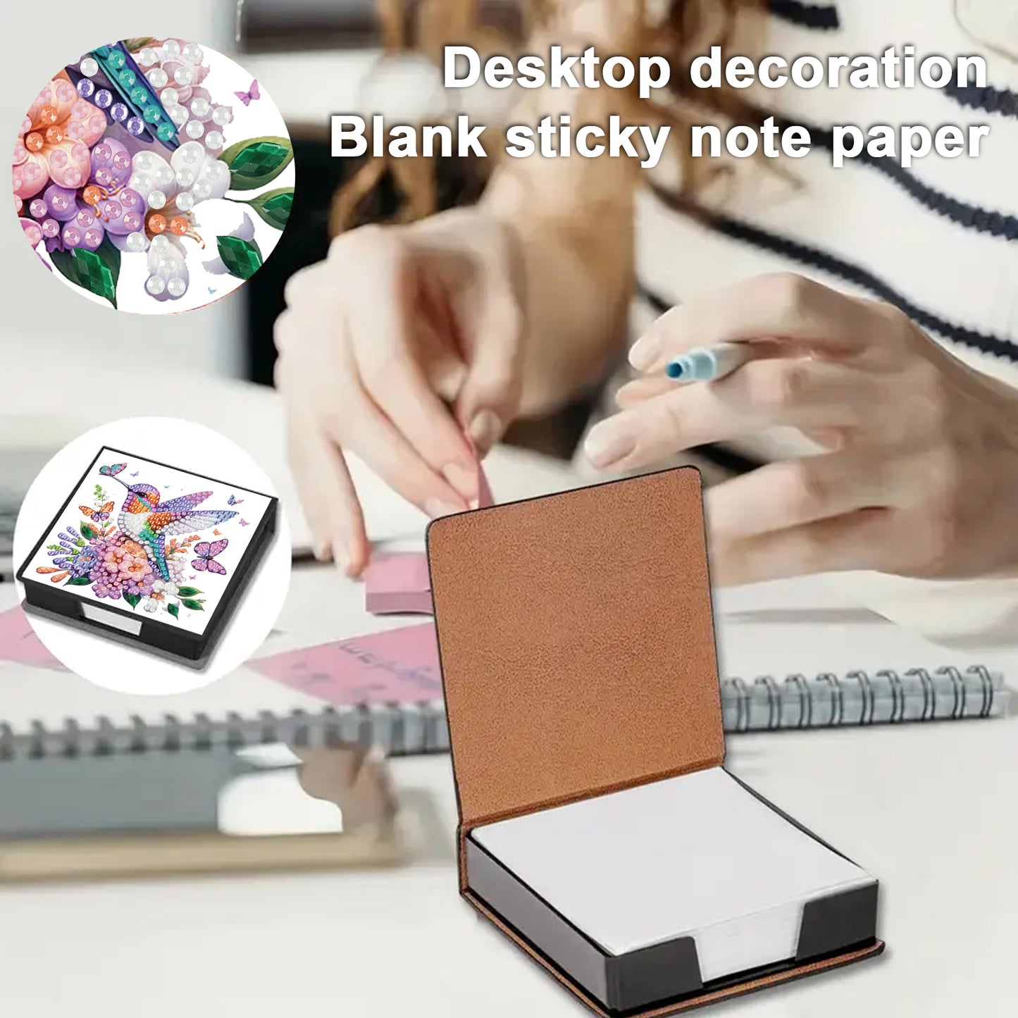 Flowers Birds PU DIY 5D Diamond Painting Note Box w/160 Sheet for Office Home(A)