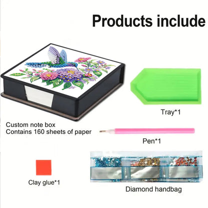 Flowers Birds PU DIY 5D Diamond Painting Note Box w/160 Sheet for Office Home(B)