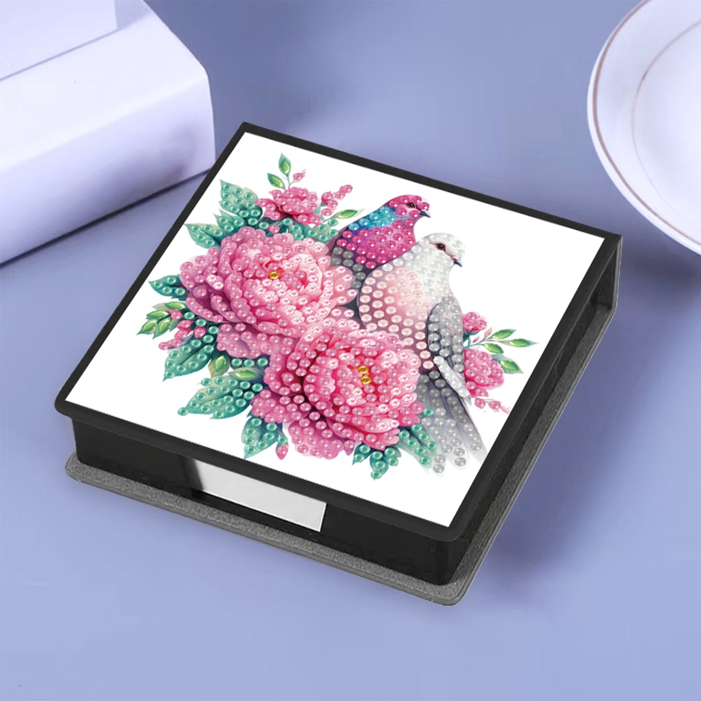 Flowers Birds PU DIY 5D Diamond Painting Note Box w/160 Sheet for Office Home(C)