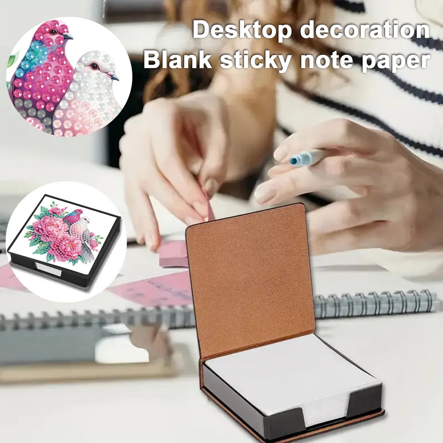 Flowers Birds PU DIY 5D Diamond Painting Note Box w/160 Sheet for Office Home(C)