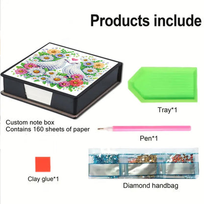 Flowers Birds PU DIY 5D Diamond Painting Note Box w/160 Sheet for Office Home(D)