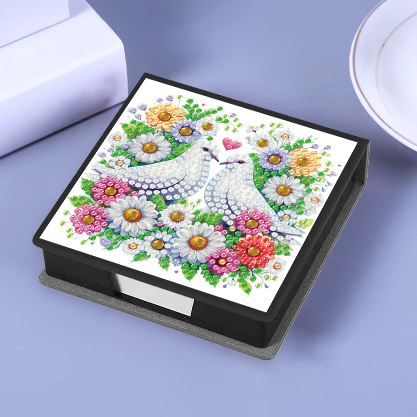 Flowers Birds PU DIY 5D Diamond Painting Note Box w/160 Sheet for Office Home(D)