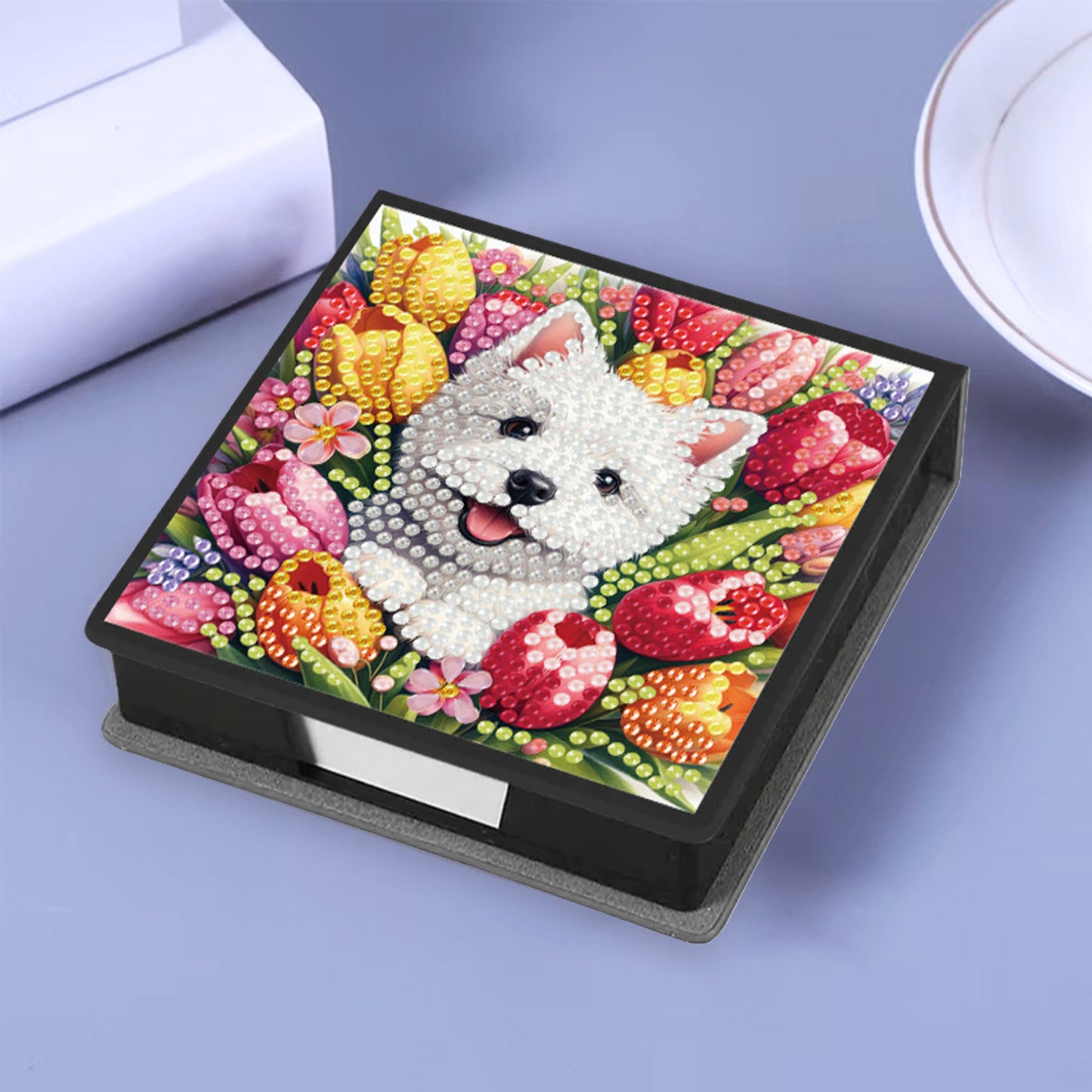 Dogs Tulips PU DIY 5D Diamond Painting Note Box with 160 Sheets for Office Home