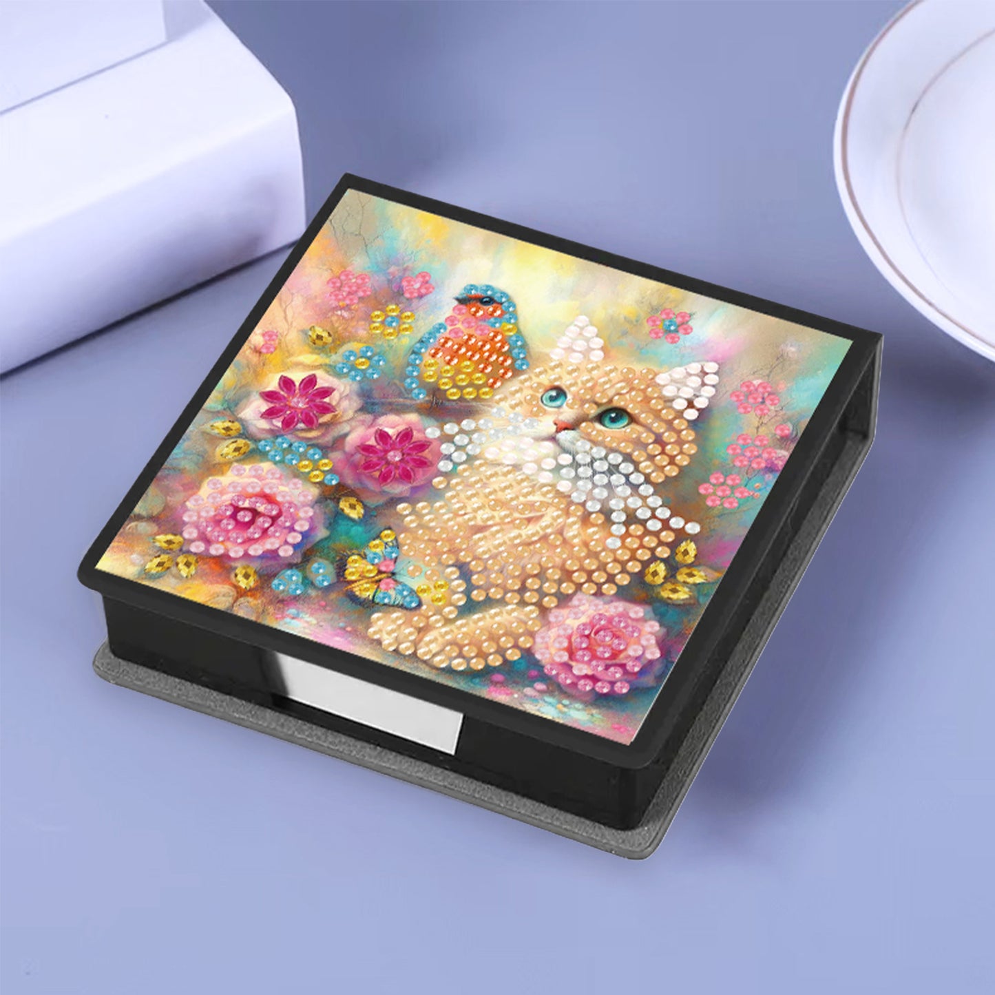 Cats Flowers PU DIY 5D Diamond Painting Note Box with 160 Sheets for Office Home