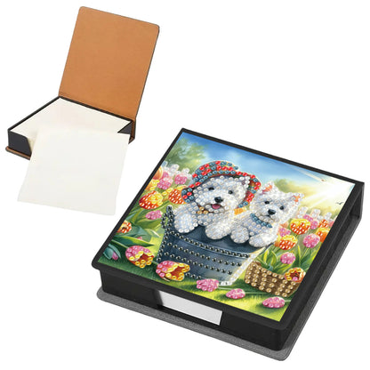 Dogs Flowers PU DIY 5D Diamond Painting Note Box with 160 Sheets for Office Home