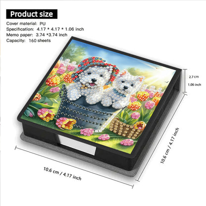 Dogs Flowers PU DIY 5D Diamond Painting Note Box with 160 Sheets for Office Home