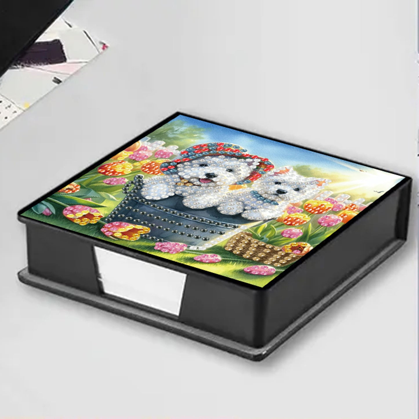 Dogs Flowers PU DIY 5D Diamond Painting Note Box with 160 Sheets for Office Home