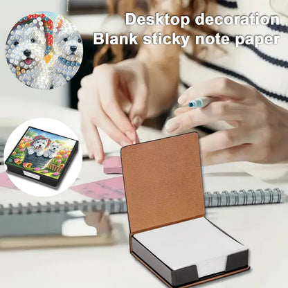 Dogs Flowers PU DIY 5D Diamond Painting Note Box with 160 Sheets for Office Home