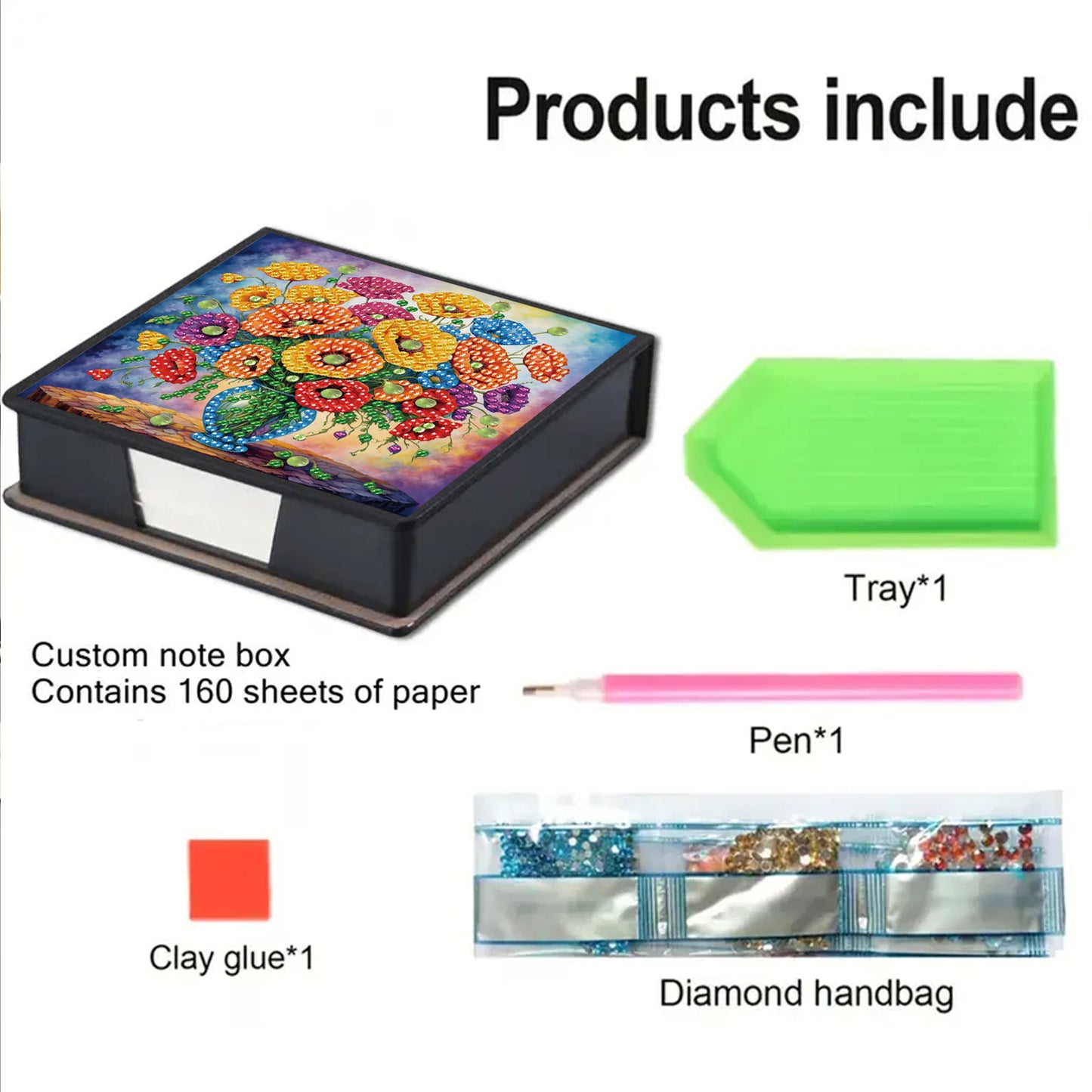 Flowers PU DIY 5D Diamond Painting Note Box with 160 Sheets for Office Home