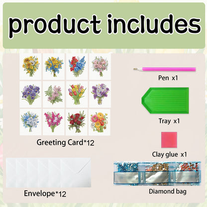 12pcs Bouquet of flowers DIY Diamond Art Greeting Cards with Envelopes for Adult