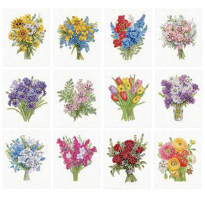 12pcs Bouquet of flowers DIY Diamond Art Greeting Cards with Envelopes for Adult
