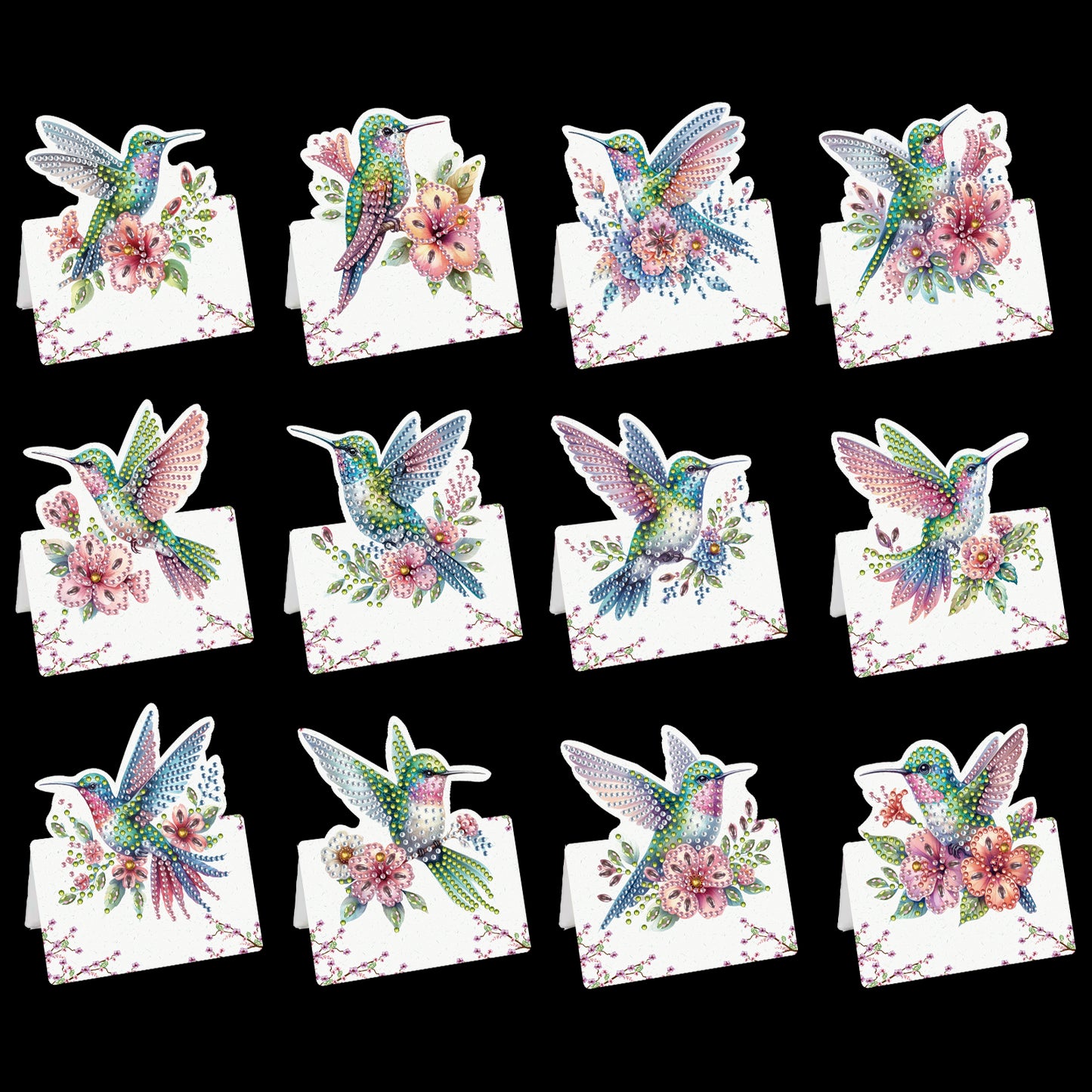 12pcs Flower Hummingbird DIY Diamond Art Greeting Cards with Envelopes for Adult