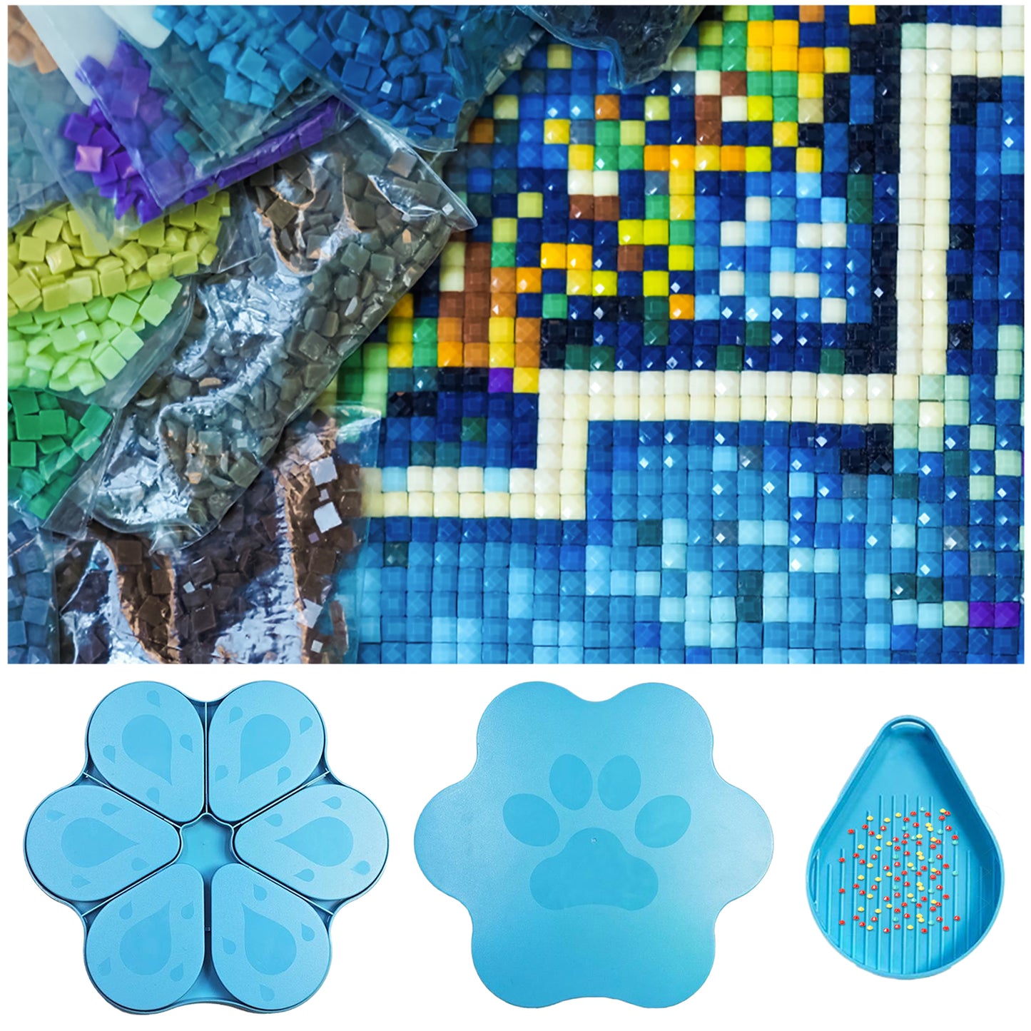 6PCS Diamond Art Trays Cat Paw Diamond Painting Organizer for DIY Crafts (Blue)