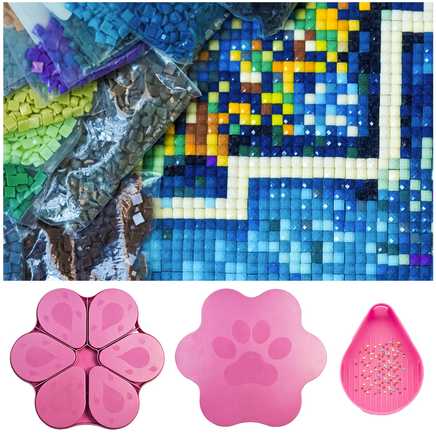 6PCS Diamond Art Trays Cat Paw Diamond Painting Organizer for DIY Crafts (Pink)