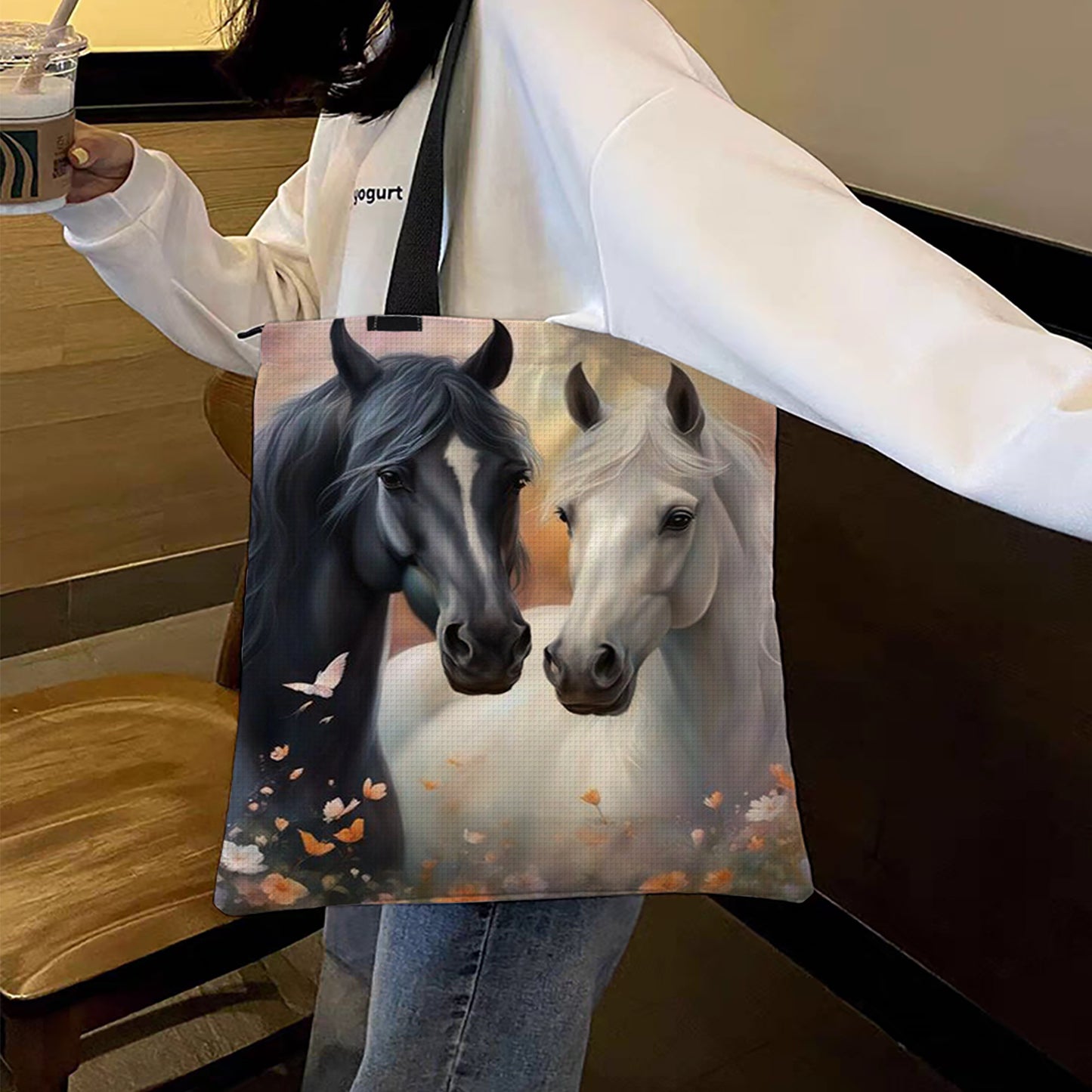 Two Horses Canvas Tote Bag Embroidery Kit 11CT Print 40x40cm for Beginners Adult