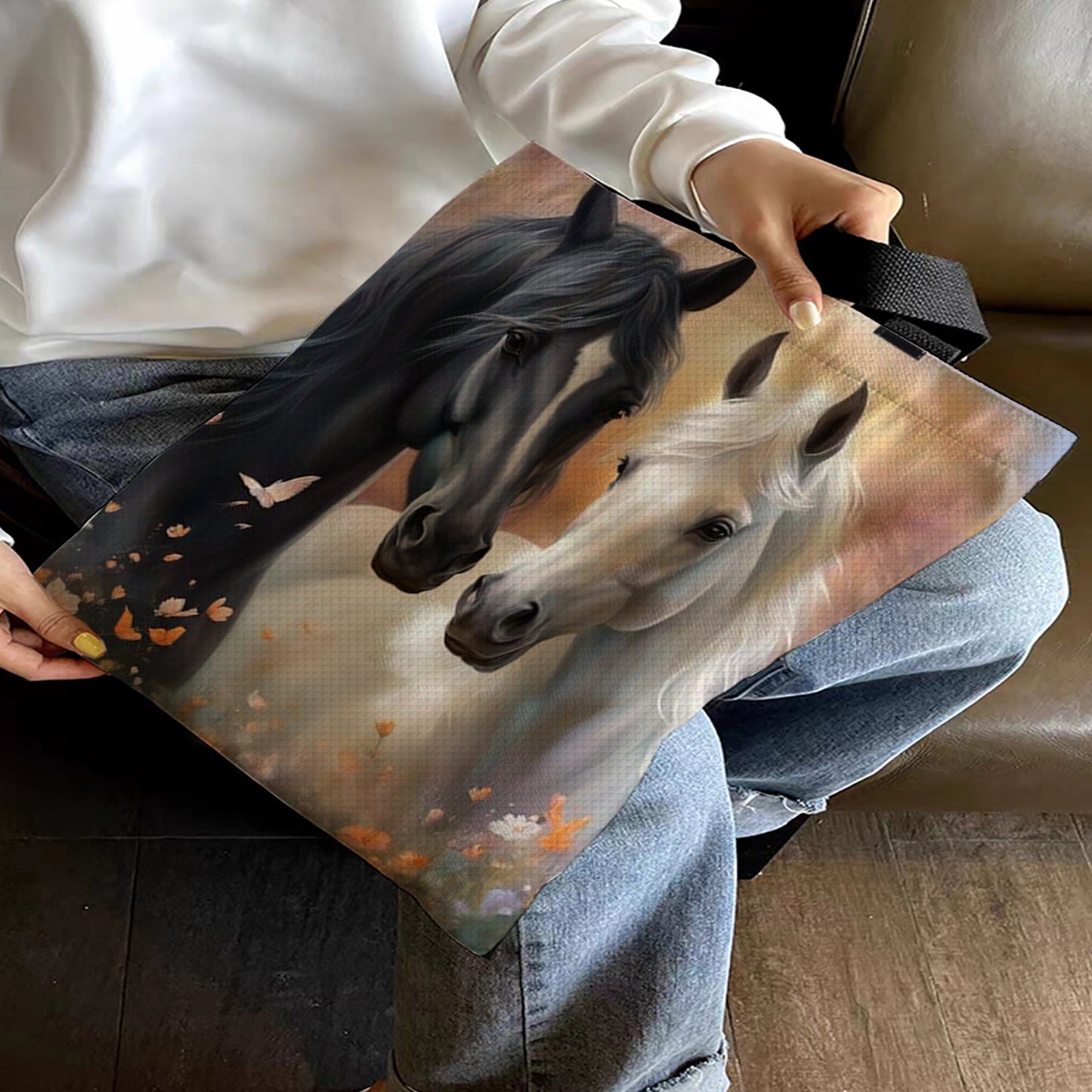 Two Horses Canvas Tote Bag Embroidery Kit 11CT Print 40x40cm for Beginners Adult