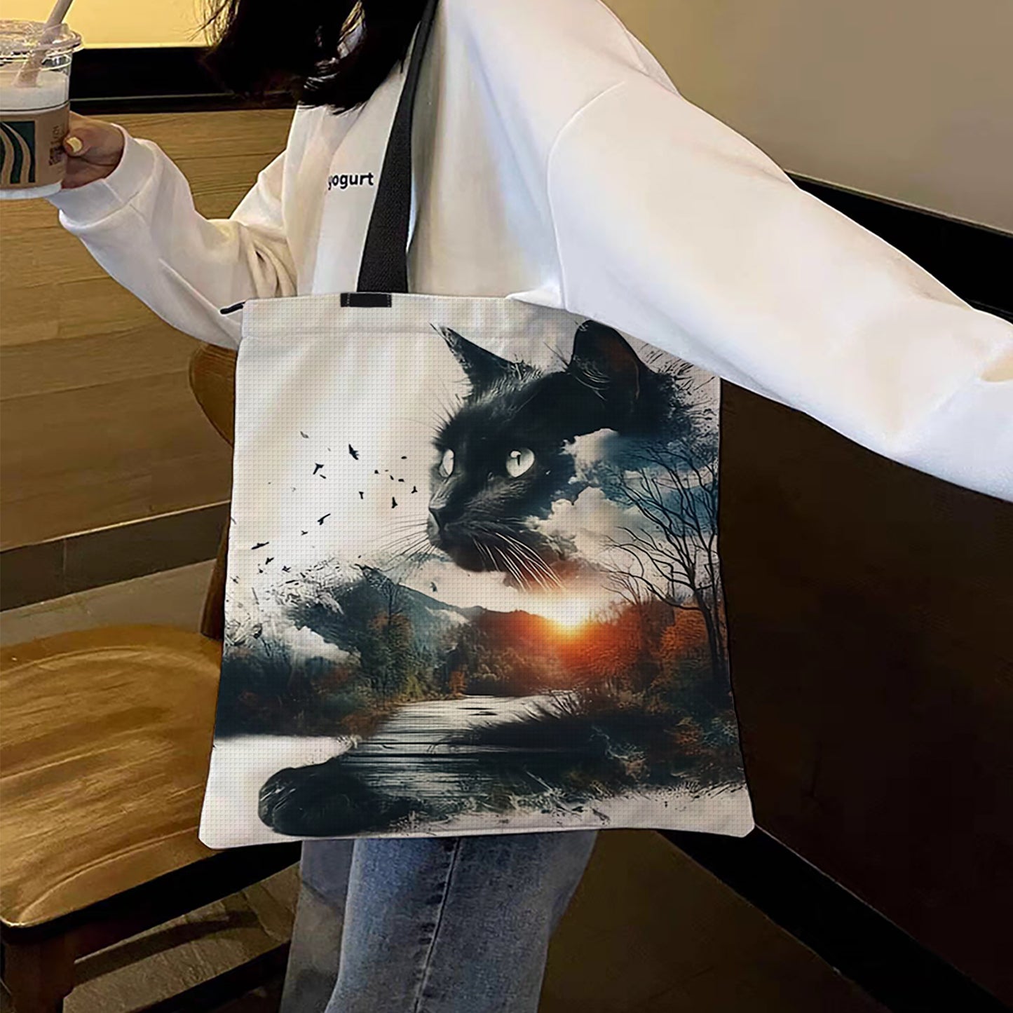 Silhouette Cat Canvas Tote Bag Embroidery Kit 11CT Print 40x40cm for Beginners