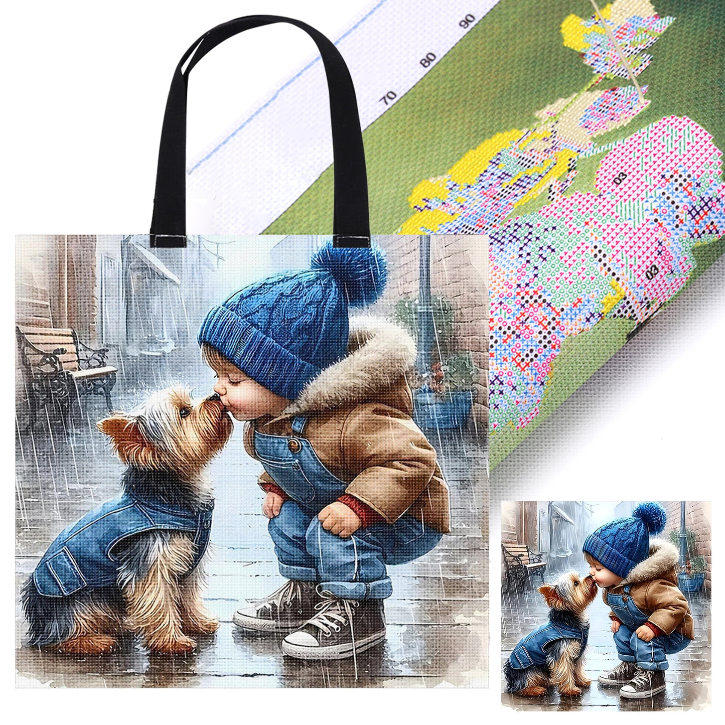 Boy and Dog Canvas Tote Bag Embroidery Kit 11CT Print 40x40cm for Beginners