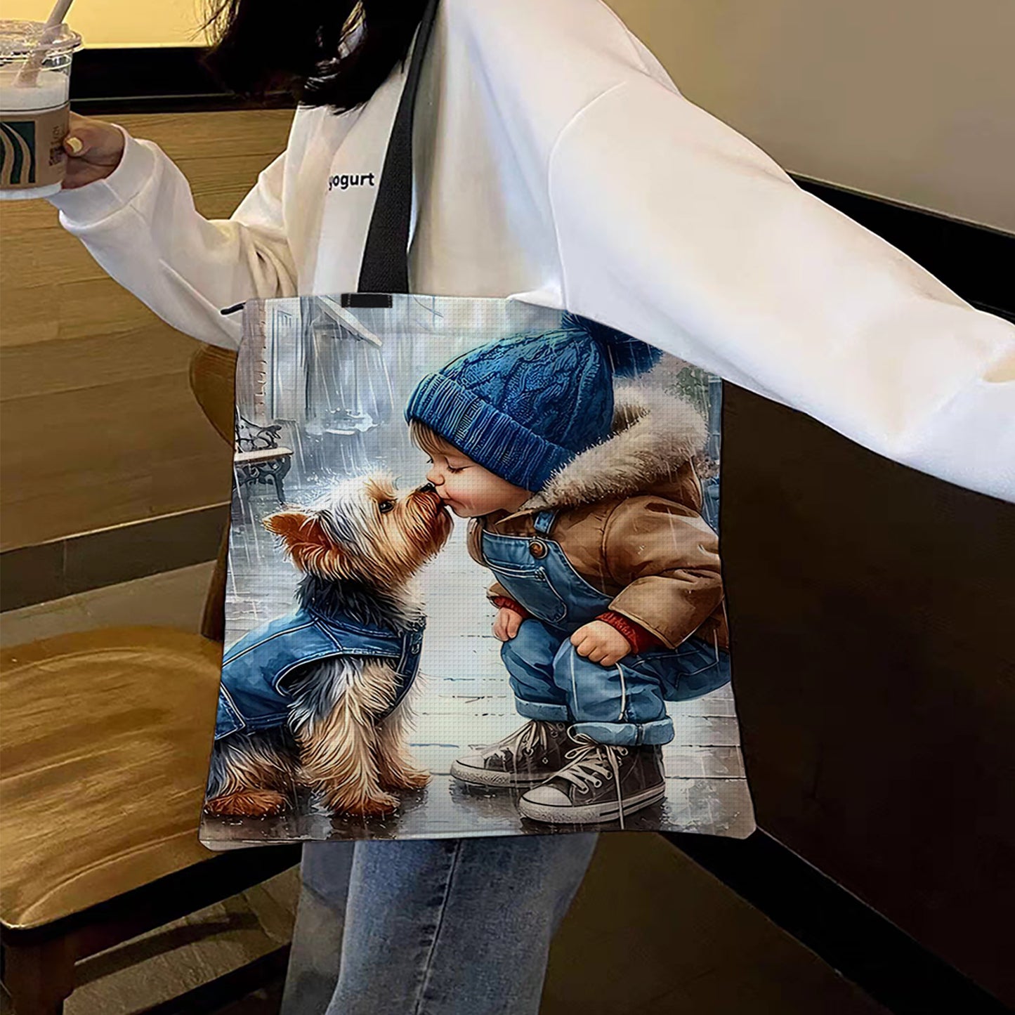 Boy and Dog Canvas Tote Bag Embroidery Kit 11CT Print 40x40cm for Beginners