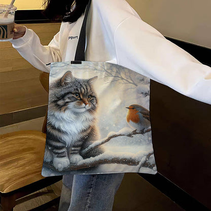 Winter Cats Birds Canvas Tote Bag Embroidery Kit 11CT Print 40x40cm for Adults