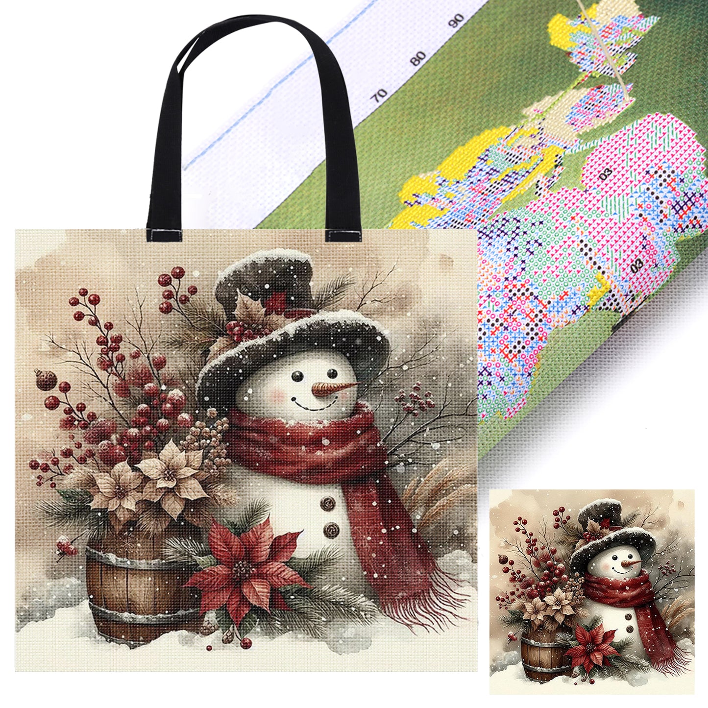 Holly Christmas Snowman Canvas Tote Bag Cross Stitch Set for Adults 11CT 40x40cm
