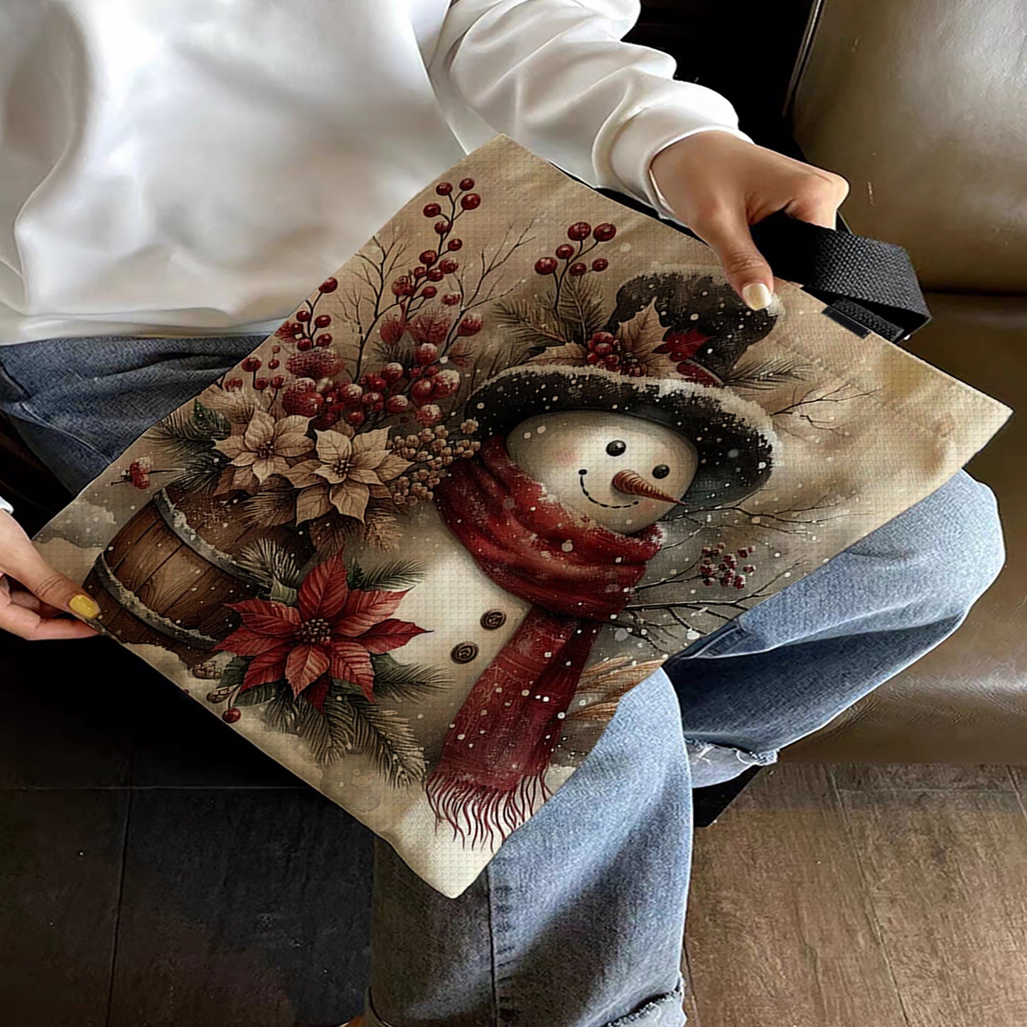 Holly Christmas Snowman Canvas Tote Bag Cross Stitch Set for Adults 11CT 40x40cm