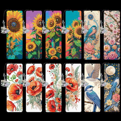 12Pcs Flowers and Birds DIY Diamond Painting Bookmarks for Reading Enthusiasts
